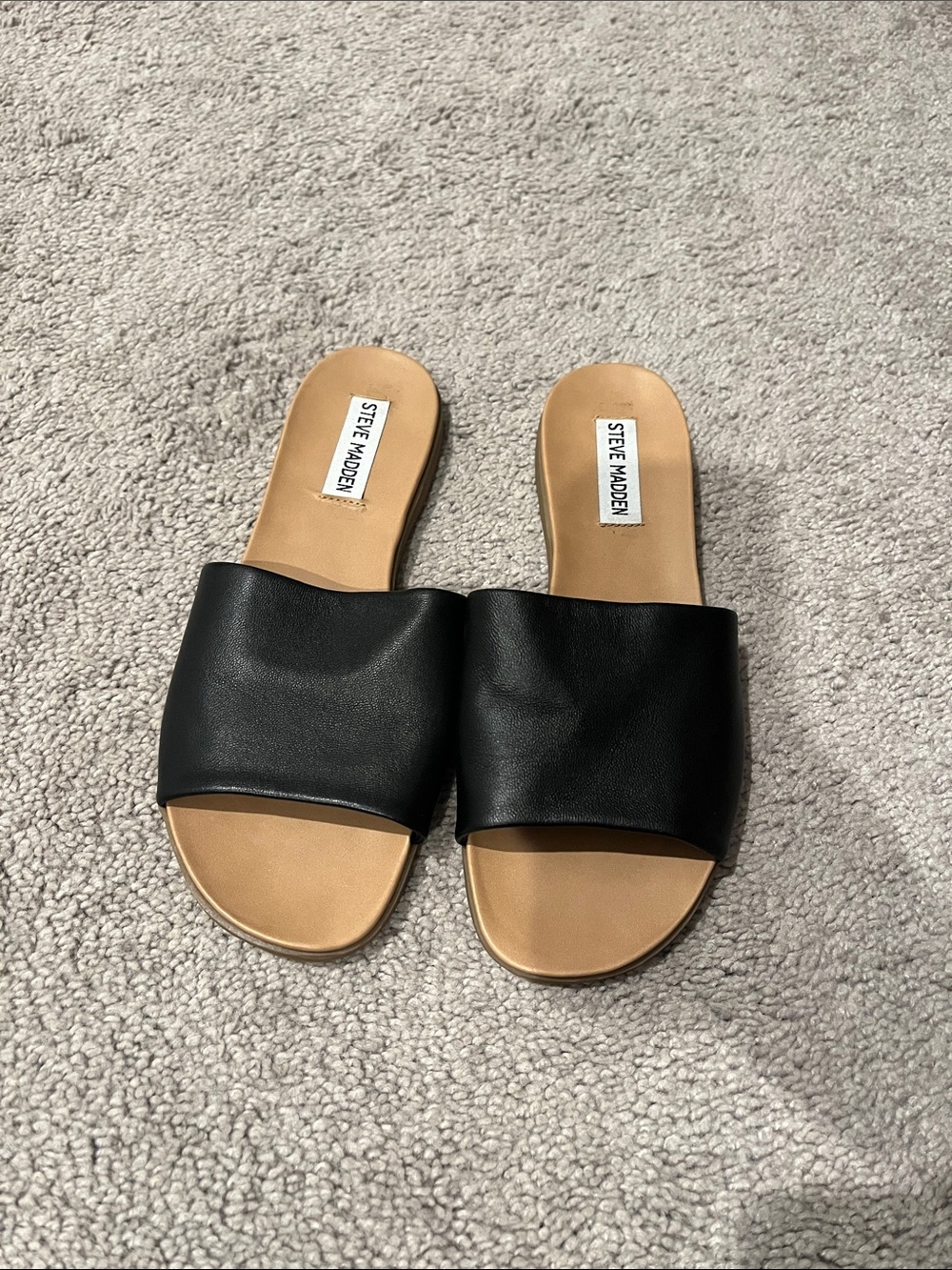 Steve Madden Black Wide Strap Slide Sandals with Tan Footbed